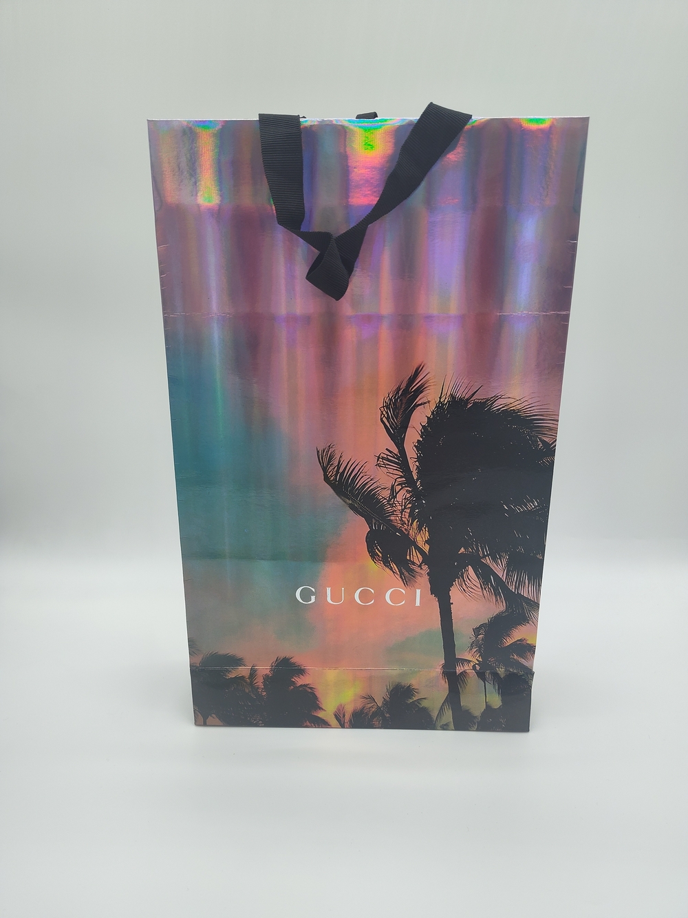 GUCCI Holographic Palm Tree Shopping Gift Bag Black Ribbon Handles Large Rare